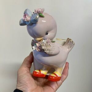 VINTAGE LEFTON PINK CHICKEN WALL POCKET PLANTER-RHINESTONES & RED SHOES-EASTER